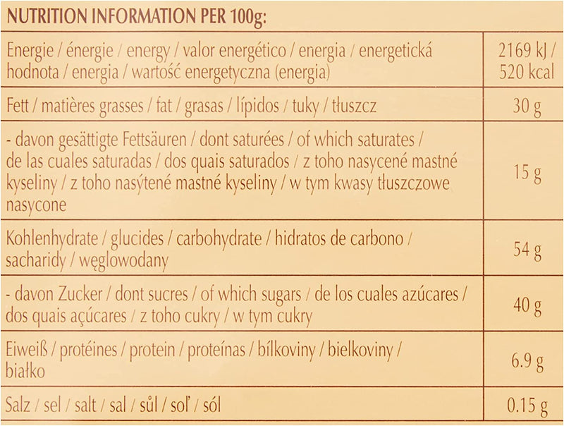 A table showing the nutrition information for Lindt Gold Tab Milk with Hazelnuts 300g by Lindt.