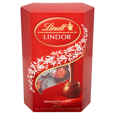 Lindt Lindor Milk Cornet 200g chocolates in a red box from Switzerland, for an irresistibly smooth moment.