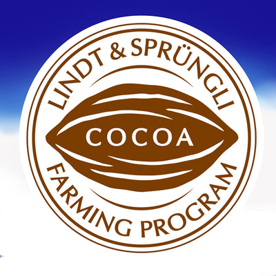 The logo for the Lindt Swiss Classic Milk Bar 100g cocoa farming program.