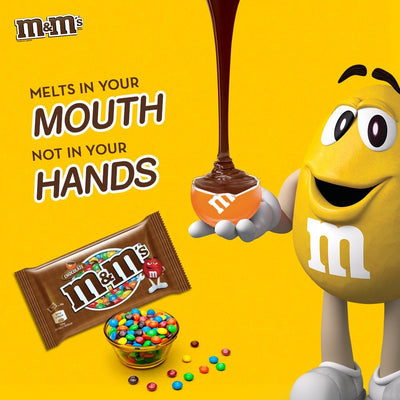 M&M's ad with a cartoon character holding an M&M's Choco Single 45g candy.
