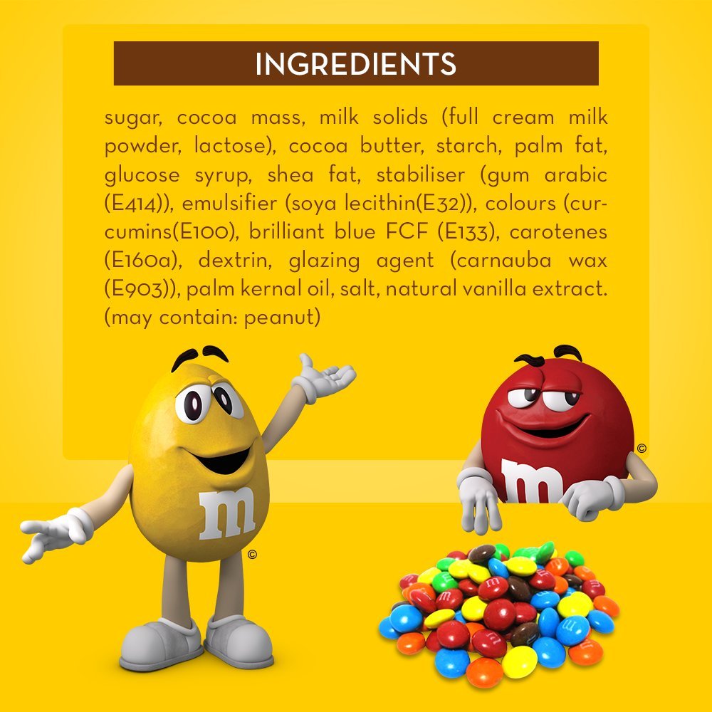 M&M's Choco Single 45g ingredients on a yellow background.