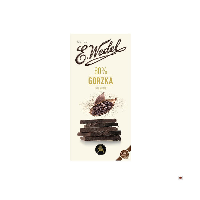 A Wedel cocoa bar with a Wedel Dark 80% Cocoa Chocolate Bar 100g on it.