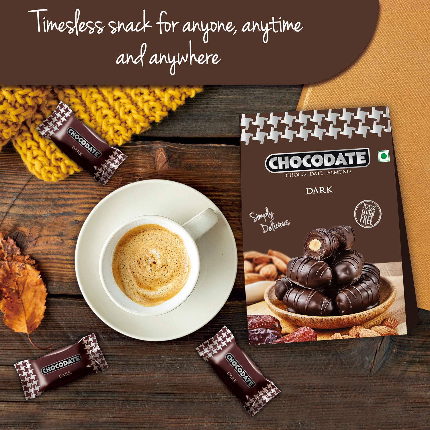 A cup of coffee and Chocodate Exclusive Real Extra Dark Pouch 100g chocolates on a table next to a cup of coffee.