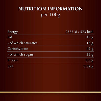 Lindt Grand Hazelnut Dark Bar 150g nutrition information per 100 calories.