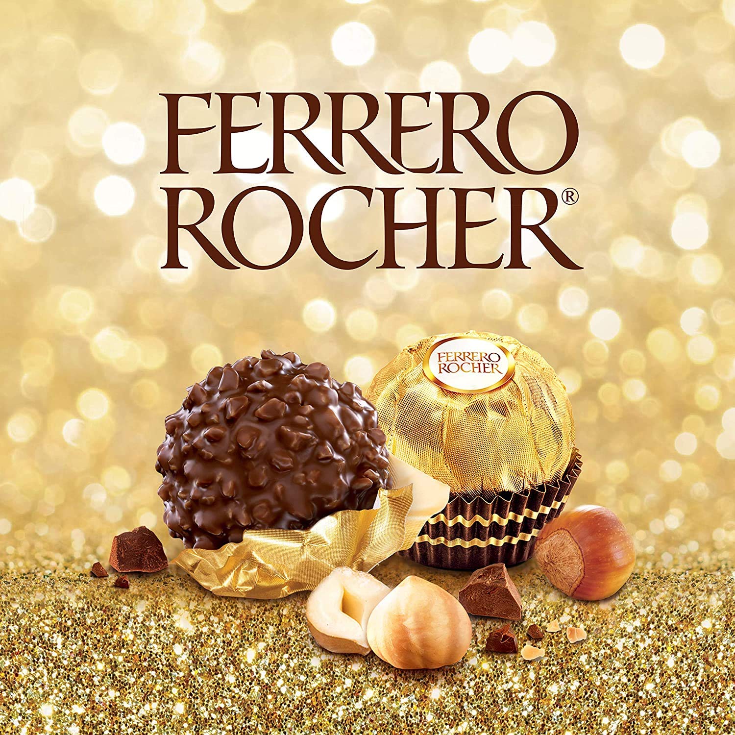 Ferrero Rocher T30 375g chocolates on a gold background.