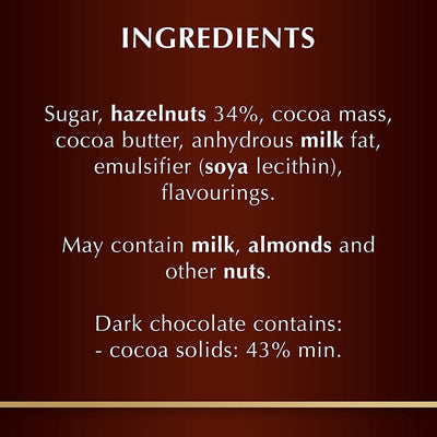 Ingredients sugar, hazelnuts, cocoa, cocoa butter, almonds, milk in the Lindt Grand Hazelnut Dark Bar 150g by Lindt.