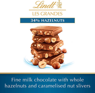 Lindt Grand Hazelnut Milk Bar 150g with whole hazelnuts and caramelised nuts.