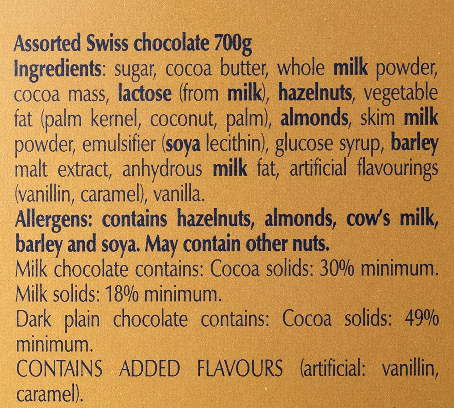 Lindt Swiss chocolate ingredients label.