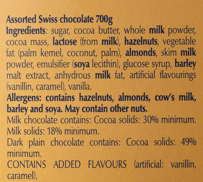 Lindt Swiss chocolate ingredients label.