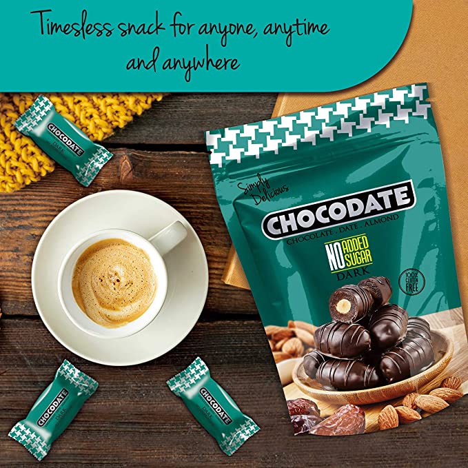 A pack of Chocodate Exclusive Dark No Added Sugar Pouch 100g, a bite-sized delicacy from UAE, with a cup of coffee next to it.