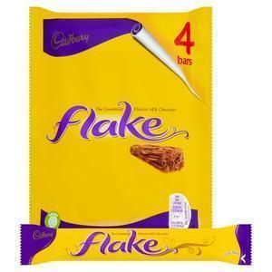 A Cadbury Flake 4-pack Pouch 80g with a chocolate bar next to it.