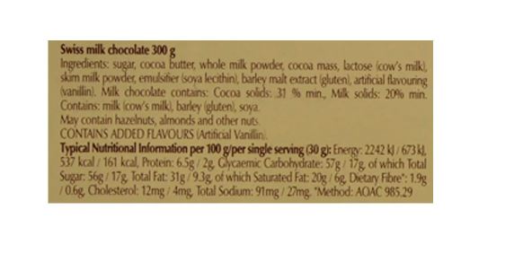 The back of a box of Lindt Gold Tab Milk Chocolate 300g.
