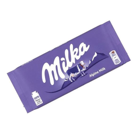 Milka Alpine Milk Bar 100g displayed on a white background.