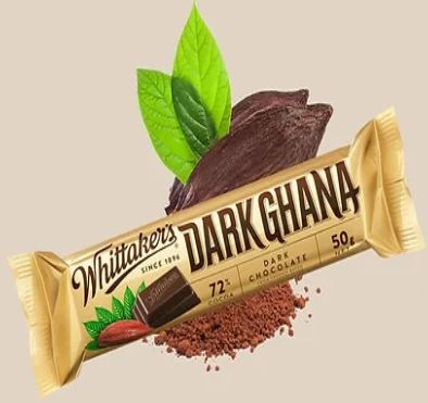 A Whittaker's Dark Ghana 72% Bar 50g with a leaf on it.