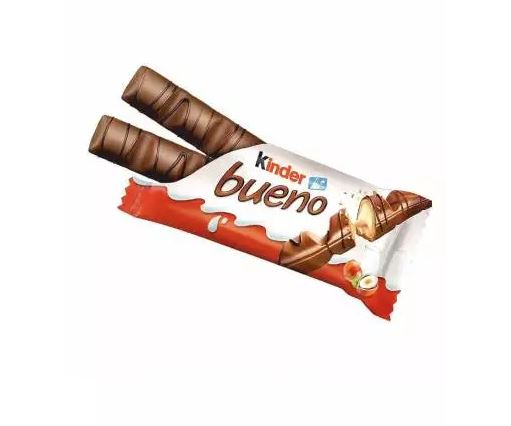 A Kinder Bueno T2 43g bar with two Kinder sticks on it.