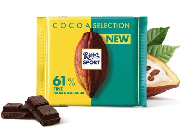 A Ritter Sport 61% Fine Dark Chocolate Bar 100g with a cocoa selection on it.
