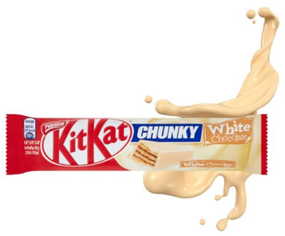 A bar of Kit Kat Chunky White 40gm with crunchy wafers and a splash of melted white chocolate.