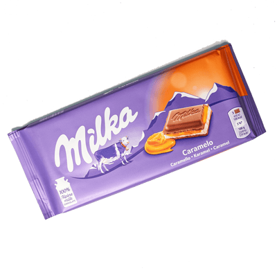 A Milka Caramel Milk Chocolate Bar 100g on a white background.