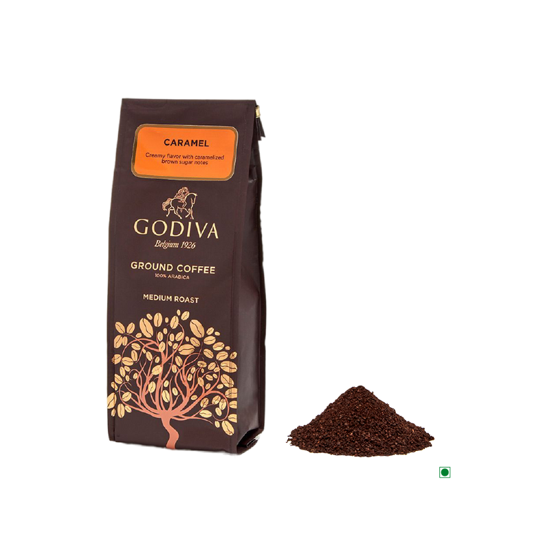 A bag of Godiva Caramel Coffee 284g with an orange on it.