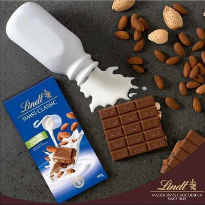 Lindt Swiss Classic Roasted Almond Bar 100g with almonds and milk.