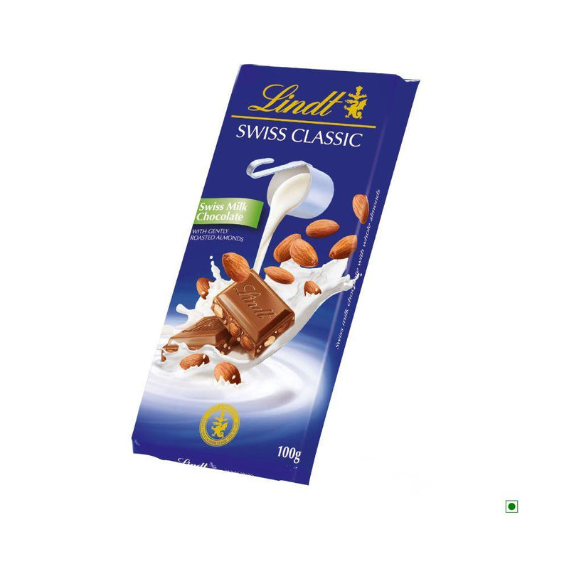A Lindt Swiss Classic Roasted Almond Bar 100g with almonds and milk.