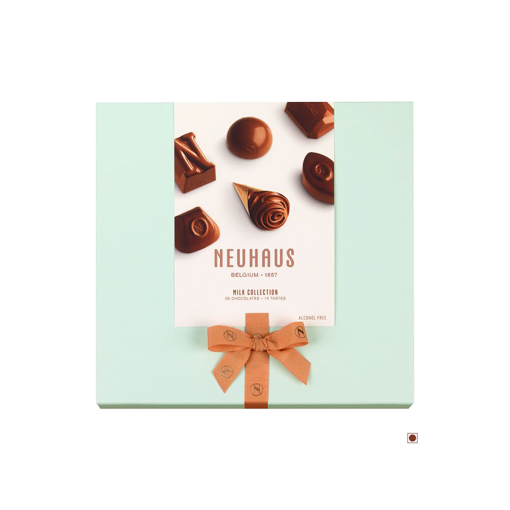 A Neuhaus Milk Collection 24pc 265g box of chocolates with a bow on it.