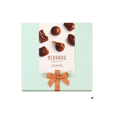 A Neuhaus Milk Collection 24pc 265g box of chocolates with a bow on it.