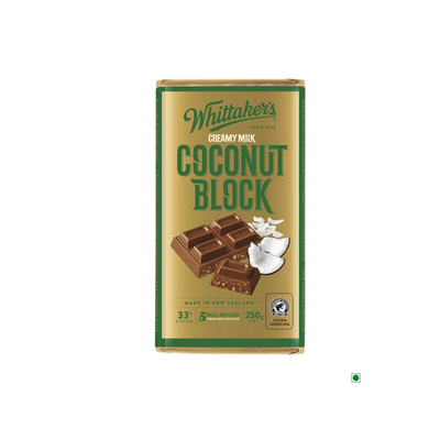 A bar of Whittakers Coconut Bar 250g on a white background.
