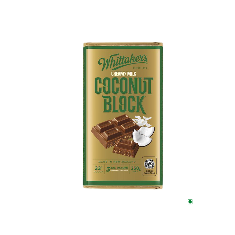 A bar of Whittakers Coconut Bar 250g on a white background.