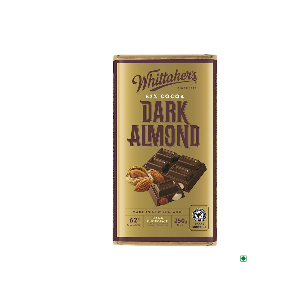 A Whittakers Dark Almond Bar 250g on a white background.