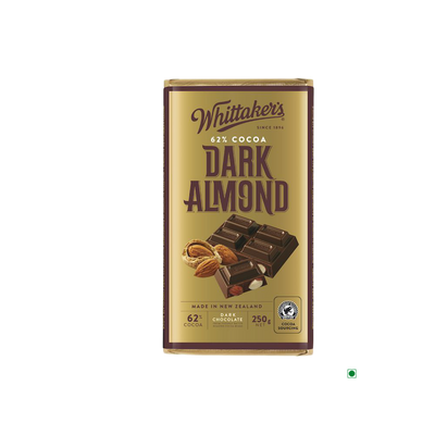 A Whittakers Dark Almond Bar 250g on a white background.