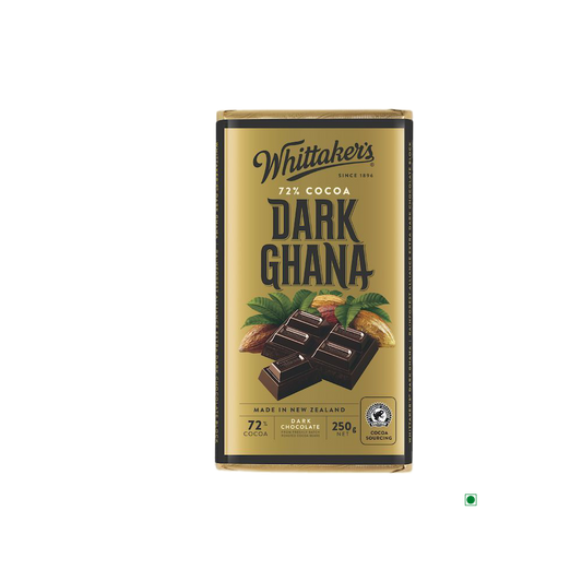 A package of Whittaker's Dark Ghana Bar 250g, made in New Zealand, featuring an image of chocolate pieces and cocoa beans.