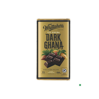 A package of Whittaker's Dark Ghana Bar 250g, made in New Zealand, featuring an image of chocolate pieces and cocoa beans.