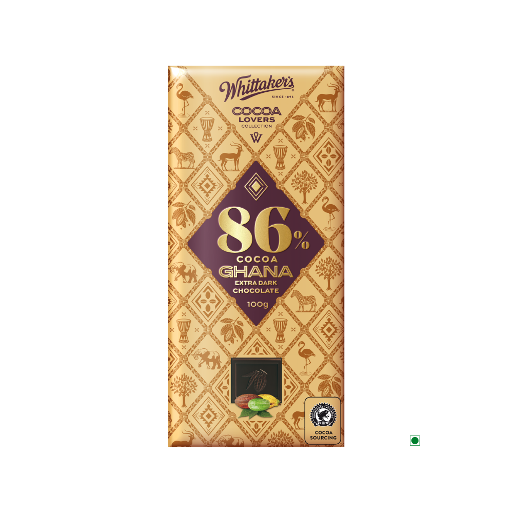 A Whittaker's Whittakers 86% Ghana Extra Dark Bar 100g, with Fairtrade and Rainforest Alliance certifications on the packaging.