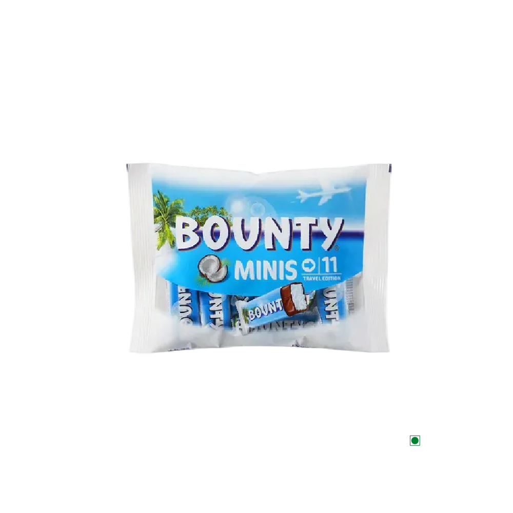 A sealed Bounty Minis Bag 333g in mini format containing 11 pieces. The packaging boasts a tropical beach scene with palm trees and a blue sky, evoking a holiday escape, making it perfect for enjoying your favorite Bounty bars wherever you are, even in the Netherlands.