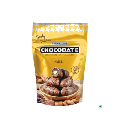 A bag of Chocodate Exclusive Real Milk Pouch 100g with almonds and nuts.