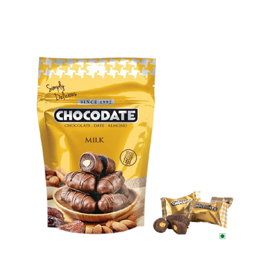 A bag of Chocodate Exclusive Real Milk Pouch 250g, a delicious blend of milk chocolate and nuts, next to each other.