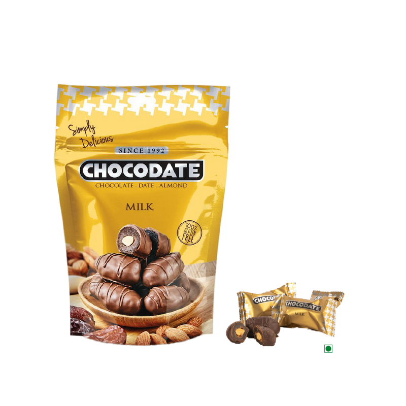 A bag of Chocodate Exclusive Real Milk Pouch 250g, a delicious blend of milk chocolate and nuts, next to each other.