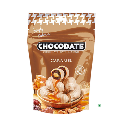 A bag of Chocodate Exclusive Real Caramel with nuts and nuts.