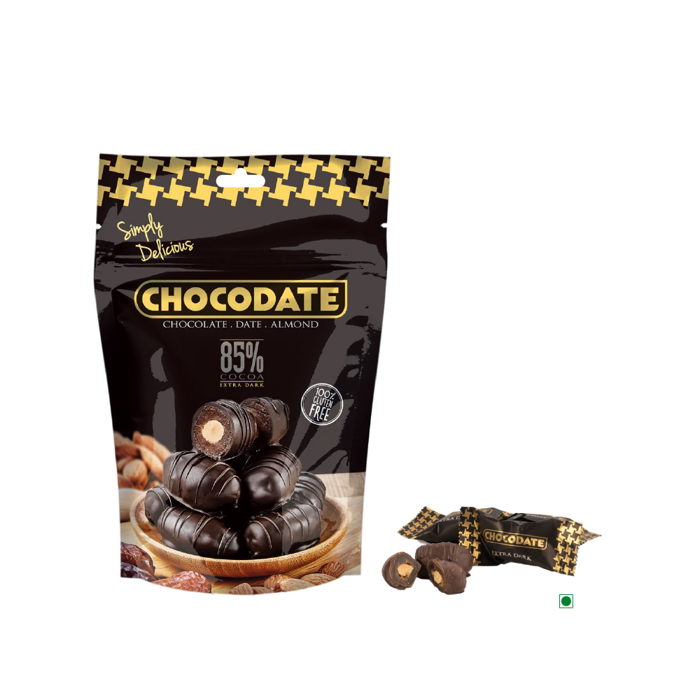 A Chocodate Exclusive Real Extra Dark Pouch 100g from the brand Chocodate of chocolate and nuts next to each other.