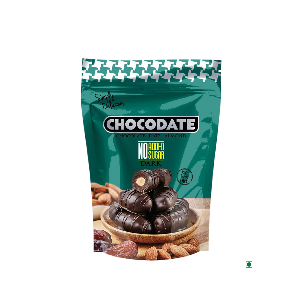 A bag of Chocodate Exclusive Dark No Added Sugar Pouch 250g, a bite-sized delicacy filled with nuts and dates.