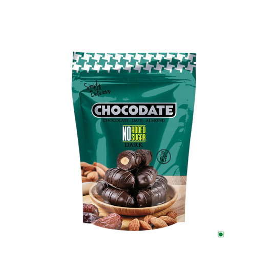 A bag of Chocodate Exclusive Dark No Added Sugar Pouch 250g, a bite-sized delicacy filled with nuts and dates.