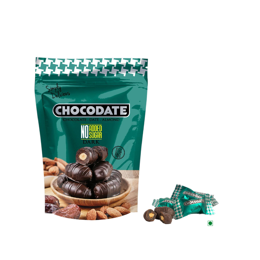 A bag of Chocodate Exclusive Dark No Added Sugar Pouch 100g, a bite-sized delicacy with almonds and nuts from UAE.