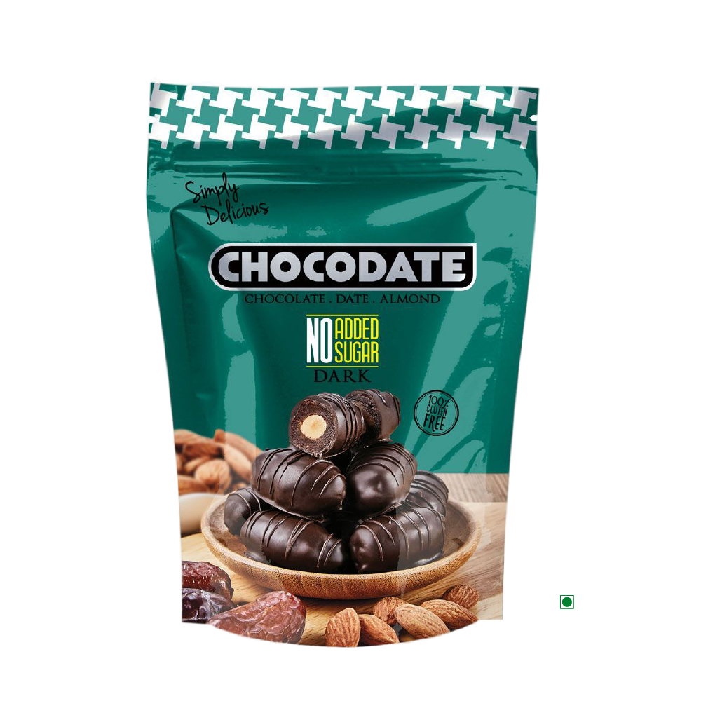 A bite-sized delicacy from the UAE called Chocodate Exclusive Dark No Added Sugar Pouch 100g, made with dates and nuts.