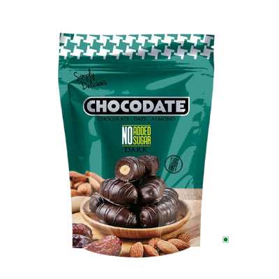 A bite-sized delicacy from the UAE called Chocodate Exclusive Dark No Added Sugar Pouch 100g, made with dates and nuts.