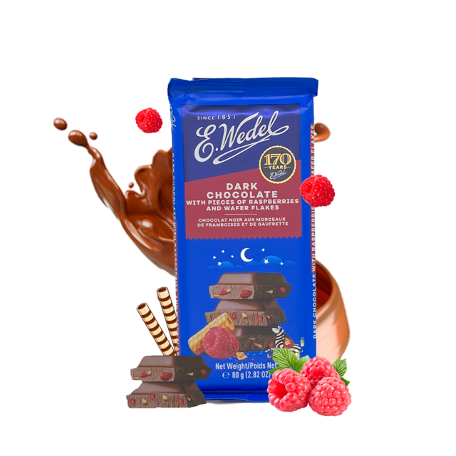 A Wedel Dark Choc With Raspberry & Wafers Bar 80G with raspberries and a splash of water.