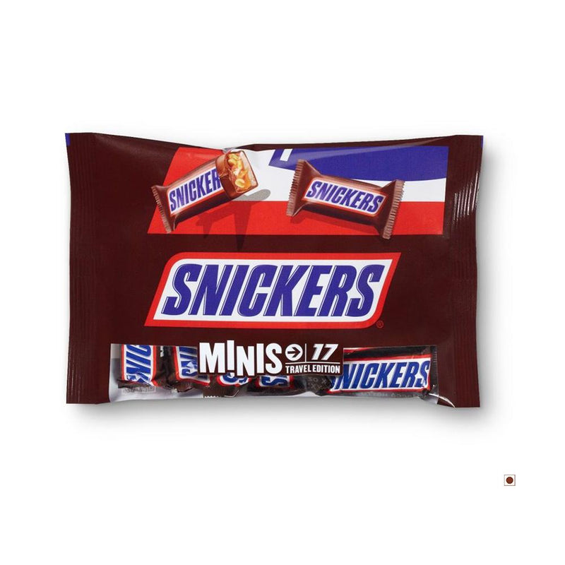 A Snicker Minis Bag 333g by Snickers on a white background, featuring delicious chocolate and peanuts.
