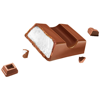 A Kinder chocolate bar with a piece of Kinder Mini Chocolate T18 108g falling out of it.