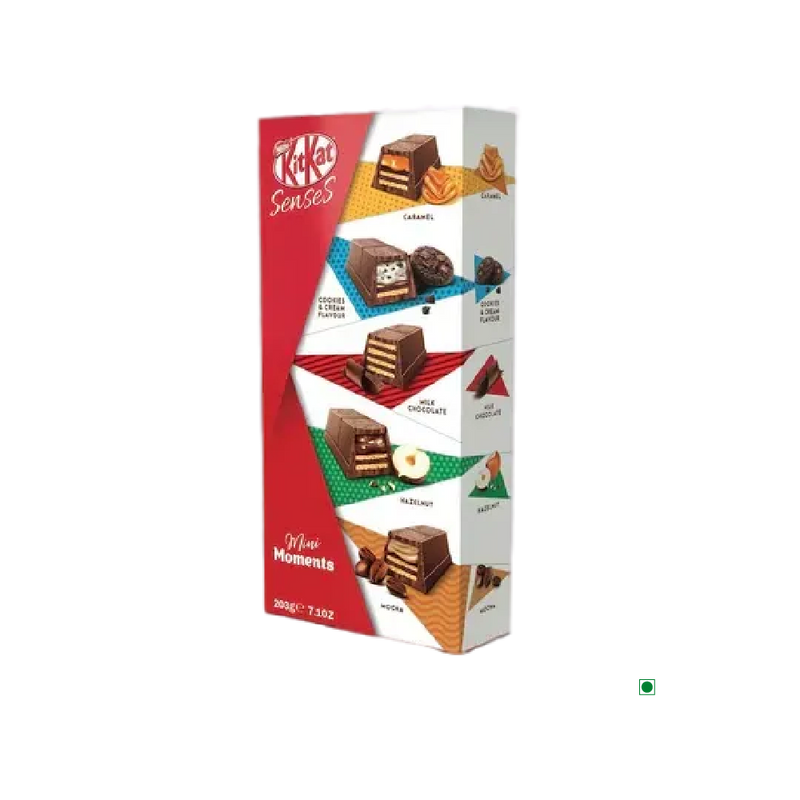 A Kit Kat Mini Moments Box 203g with a variety of flavors, including KITKAT. It is the perfect snack for those craving different flavors.
