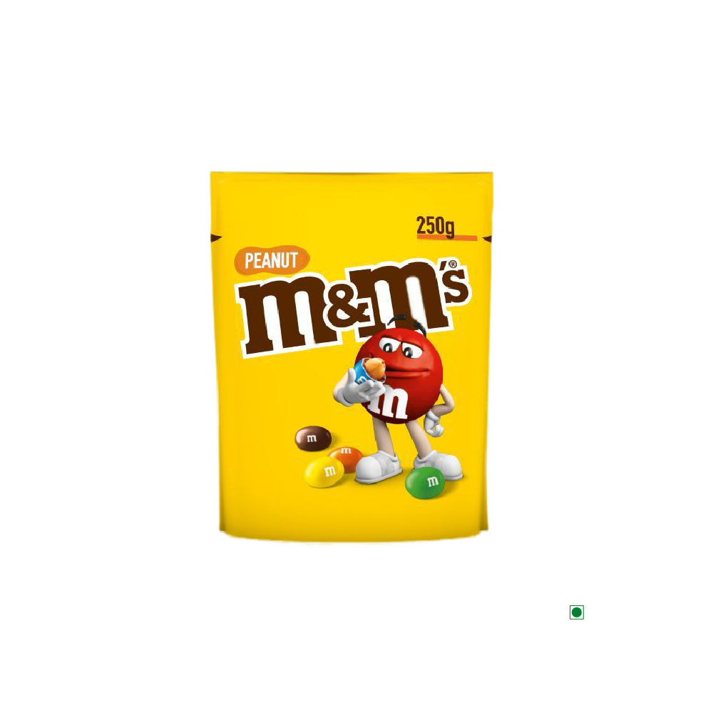 A bag of M&M's Peanut Pouch 250g candy on a white background.